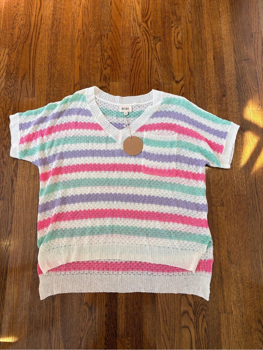 BiBi Pastel Striped V-Neck Knit Top in White, Pink, Mint & Lavender